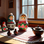 **

A cozy evening scene in a Russian dacha. A samovar steams on a wooden table, surrounded by painted matryoshka dolls and hand-knitted doilies. Sunlight streams through a window, illuminating dust motes dancing in the air. A babushka, fully clothed in a traditional sarafan and headscarf, smiles warmly.  Safe for work, appropriate content, fully clothed, modest, family-friendly. Perfect anatomy, correct proportions, natural pose, professional photography, high quality.

**