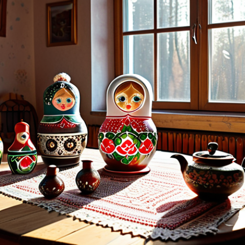 Home 11 **
A cozy evening scene in a Russian dacha. A samovar steams on a wooden table, surrounded by painted matryoshka dolls and hand-knitted doilies. Sunlight streams through a window, illuminating dust motes dancing in the air. A babushka, fully clothed in a traditional sarafan and headscarf, smiles warmly. Safe for work, appropriate content, fully clothed, modest, family-friendly. Perfect anatomy, correct proportions, natural pose, professional photography, high quality.
**