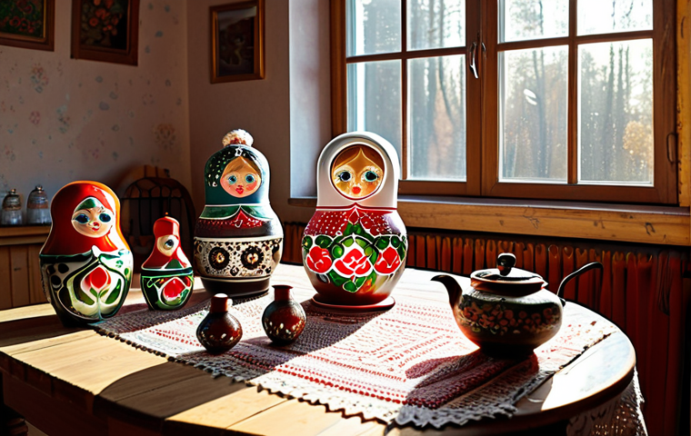 **

A cozy evening scene in a Russian dacha. A samovar steams on a wooden table, surrounded by painted matryoshka dolls and hand-knitted doilies. Sunlight streams through a window, illuminating dust motes dancing in the air. A babushka, fully clothed in a traditional sarafan and headscarf, smiles warmly.  Safe for work, appropriate content, fully clothed, modest, family-friendly. Perfect anatomy, correct proportions, natural pose, professional photography, high quality.

**