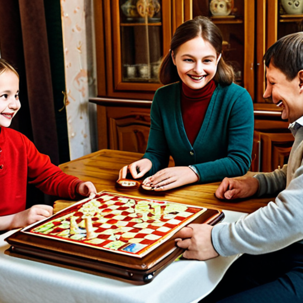 보드게임 리뷰 포인트 - Family Game Night**

A family (mother, father, two children) playing a board game at a wooden table ...