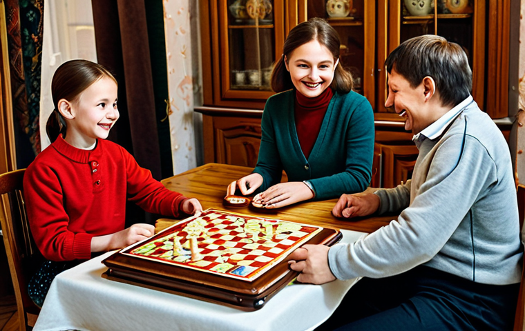 보드게임 리뷰 포인트 - Family Game Night**
A family (mother, father, two children) playing a board game at a wooden table ...