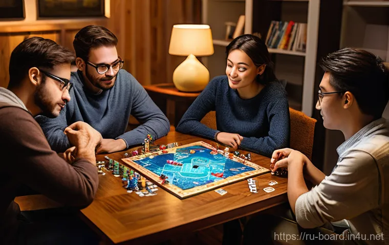 보드게임 리뷰 사이트 - **Image Prompt 1: Cozy Evening of Strategic Board Gaming** A diverse group of 4-5 adults and you...
