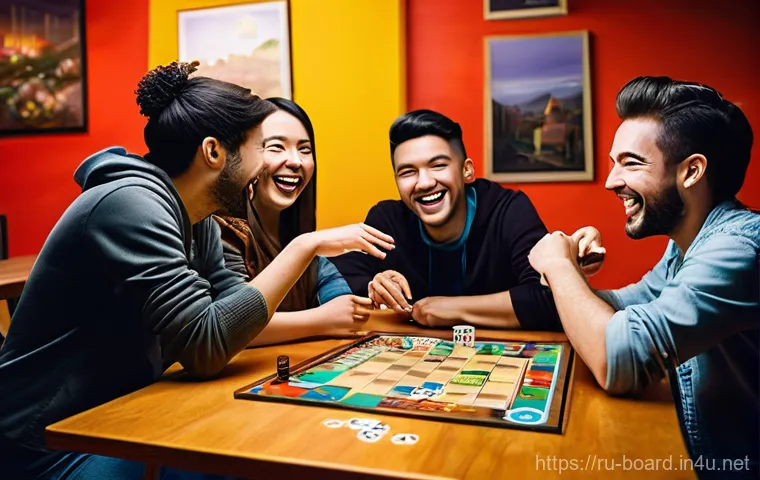보드게임 시장 조사 - **Prompt: "A dynamic scene in a modern, brightly lit game cafe, where a group of three friends, dres...