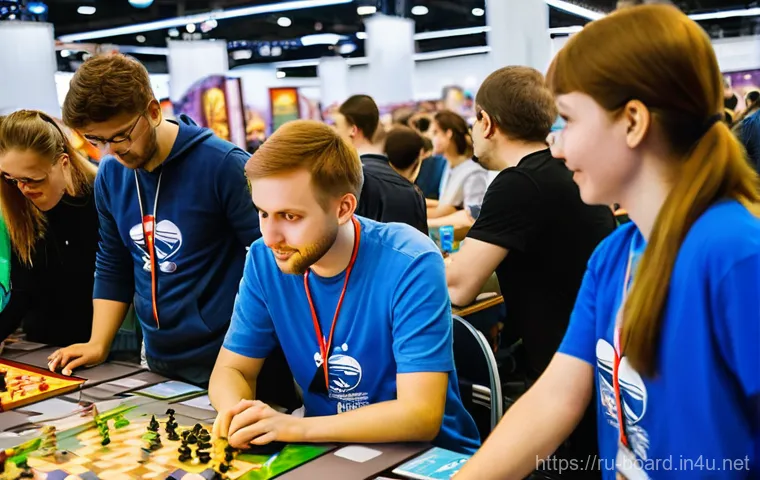 보드게임의 산업적 기회 - **"A vibrant and bustling scene at a large Russian board game festival, reminiscent of 'Игрокон' (Ig...