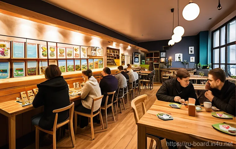 보드게임 명소 소개 - **Prompt 1: Lively Board Game Cafe in a Russian City** "A vibrant and cozy scene inside a modern...