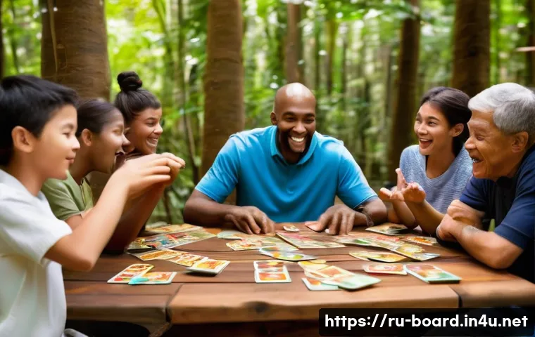 보드게임 정글 스피드 - **Prompt:** "A vibrant, high-energy, dynamic scene of 4-6 diverse adult and older teen players inten...