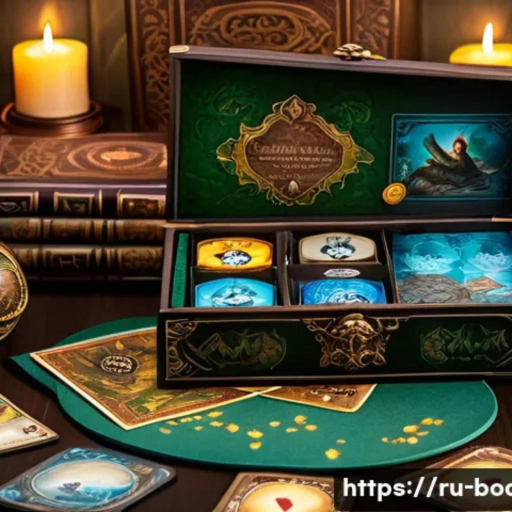 보드게임 마케팅 전략 - **A highly detailed, visually stunning board game box and components.** The image should be a close-...