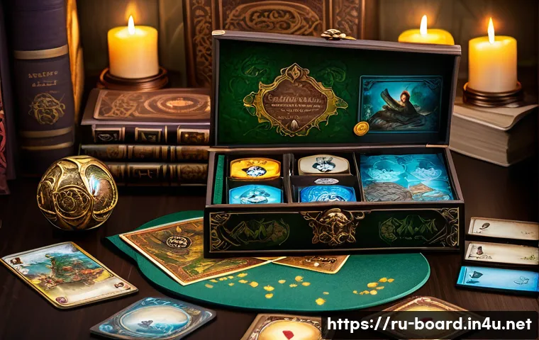 보드게임 마케팅 전략 - **A highly detailed, visually stunning board game box and components.** The image should be a close-...