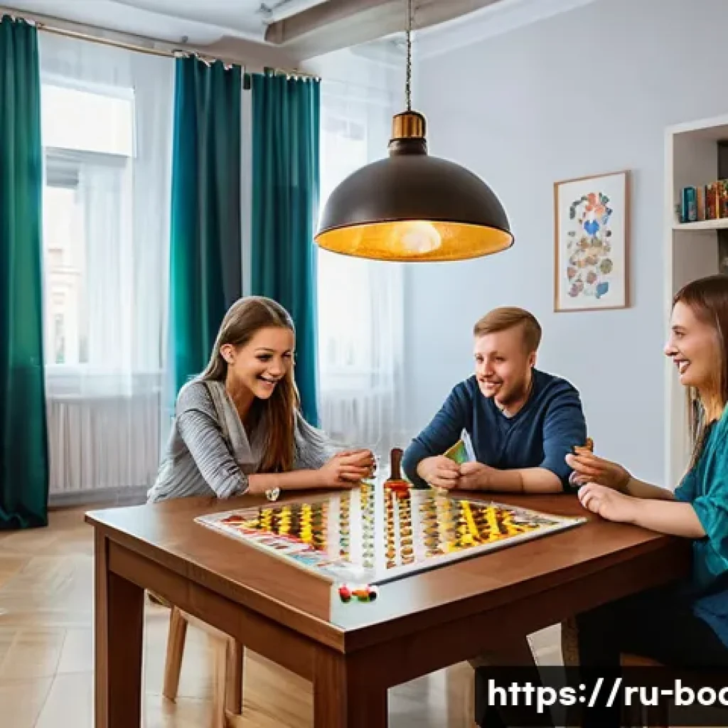 보드게임 관련 문화 탐방 - A cozy and inviting board game club scene in a modern Russian city apartment, featuring a diverse gr...