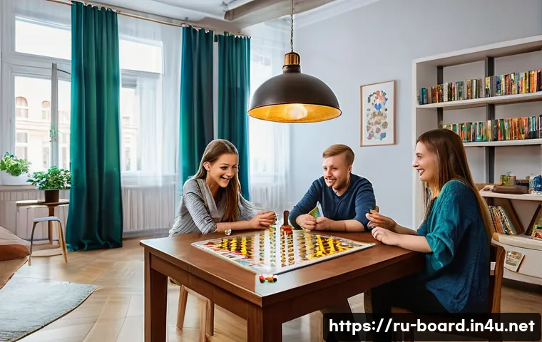보드게임 관련 문화 탐방 - A cozy and inviting board game club scene in a modern Russian city apartment, featuring a diverse gr...