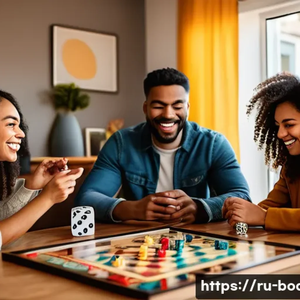 보드게임 관련 코스 - A vibrant board game session in a cozy modern living room with a diverse group of adults around a la...