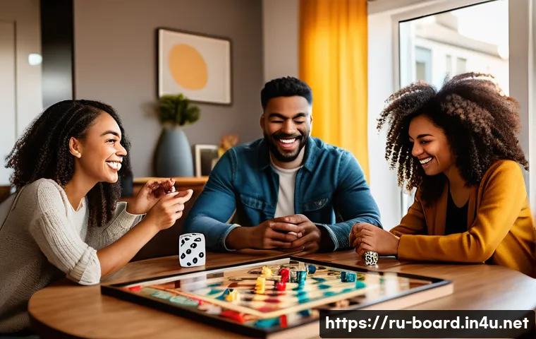 보드게임 관련 코스 - A vibrant board game session in a cozy modern living room with a diverse group of adults around a la...