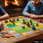 Home 22 보드게임 추천 유튜버 - A cozy, well-lit living room scene with a diverse group of friends around a wooden table deeply enga...