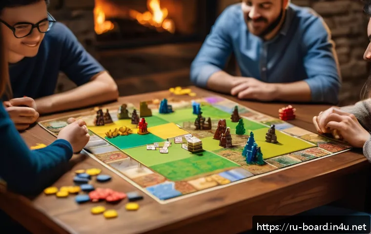 보드게임 추천 유튜버 - A cozy, well-lit living room scene with a diverse group of friends around a wooden table deeply enga...
