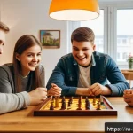Home 20 보드게임과 팬덤 문화 - A cozy board game club scene in a modern Moscow apartment, featuring a diverse group of adults and t...