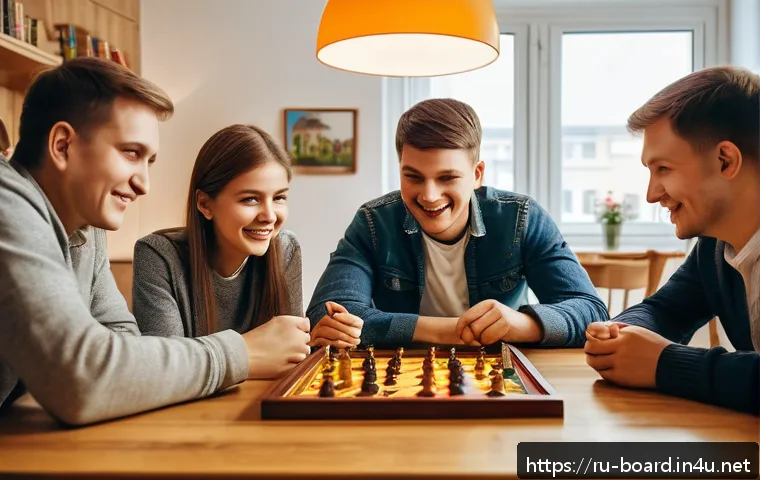 보드게임과 팬덤 문화 - A cozy board game club scene in a modern Moscow apartment, featuring a diverse group of adults and t...