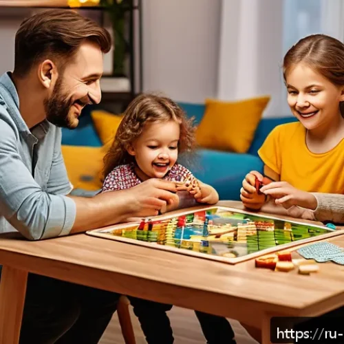 Home 31 보드게임 추천 선물 - A cozy family evening scene around a wooden table, parents and children playing a colorful board gam...