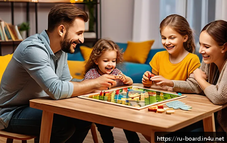 보드게임 추천 선물 - A cozy family evening scene around a wooden table, parents and children playing a colorful board gam...