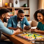 Home 18 보드게임의 창작 과정 - A cozy, inviting home game night scene featuring a group of diverse friends gathered around a table ...