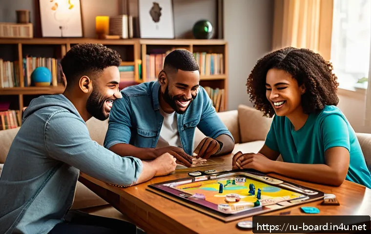 보드게임의 창작 과정 - A cozy, inviting home game night scene featuring a group of diverse friends gathered around a table ...