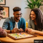 Home 23 보드게임과 사교성 향상 - A cozy indoor scene of a diverse group of young adults playing the board game Dixit around a wooden ...