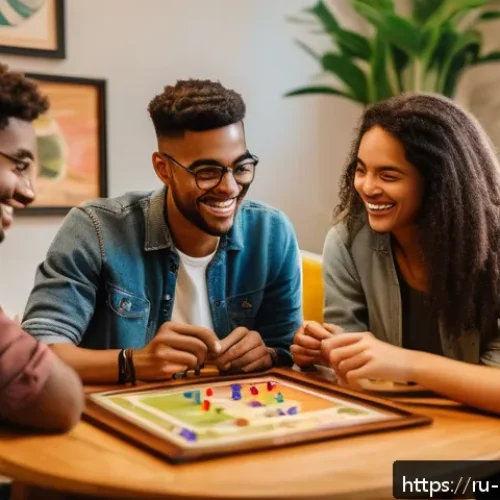 Home 17 보드게임과 사교성 향상 - A cozy indoor scene of a diverse group of young adults playing the board game Dixit around a wooden ...