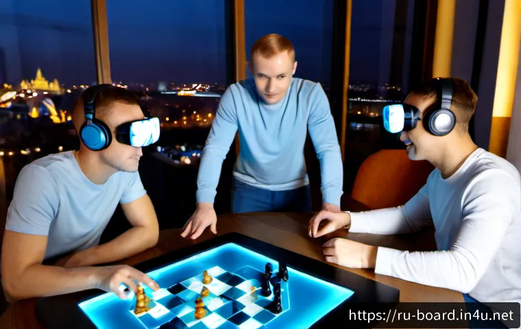 Home 17 보드게임 VR AR 기술 - Photorealistic modern Moscow apartment living room, three Russian friends gathered around a wooden t...