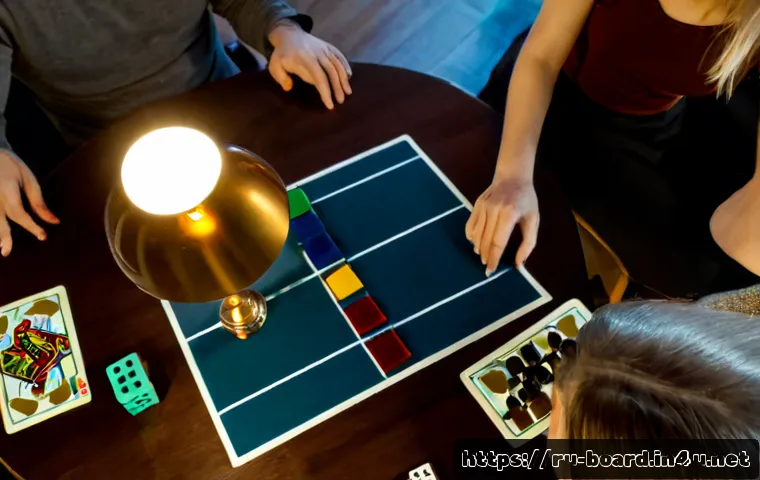 Home 17 보드게임 전략 설명 - Photorealistic overhead view of a cozy Russian apartment dining table during a board game strategy s...