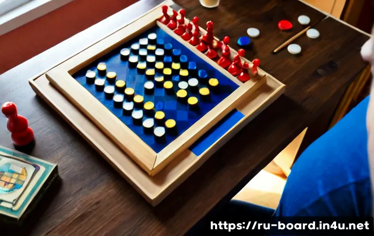 보드게임 커스터마이징 - Photorealistic overhead view of a Russian hobbyist customizing a wooden strategy board game at a nea...