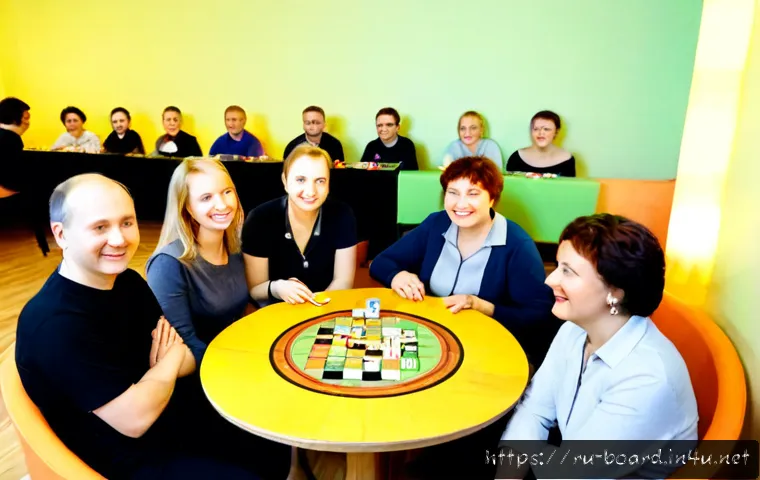 Home 17 보드게임 동호회 운영법 - Photorealistic community board game club organizer welcoming a diverse group of Russian adults at a ...